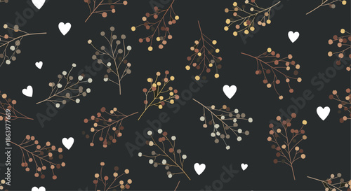 Elegant seamless pattern featuring delicate brown branches with berries and white hearts scattered on a dark charcoal background.