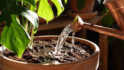 Nourishing Growth A Time Lapse Of Watering A Potted Monstera Plant Indoors
