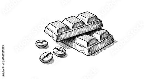 Hand drawn vintage style illustration of two pieces of chocolate bar and three roasted coffee beans on a clean white background.