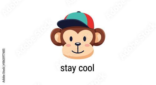 Cute cartoon monkey head wearing a colorful baseball cap with the text stay cool written below it on a white background.