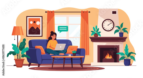 Cozy home office scene with a woman working on her laptop on a sofa in a living room with a warm fireplace and indoor plants.
