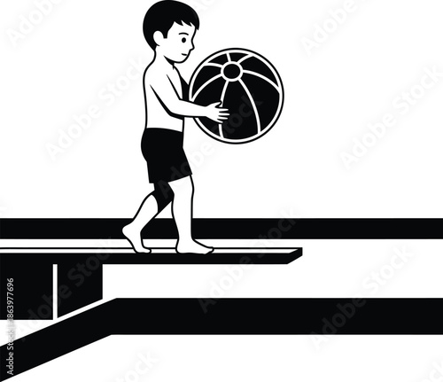 Ready for a Plunge: a young boy holding a beach ball, poised to leap into the inviting blue water from the diving board. It is the perfect moment, the moment before carefree bliss! AI Generative
