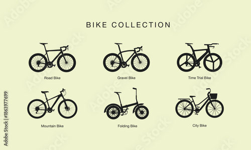 Set of different bicycles models silhouette. Set of different bicycle types including road bike, gravel bike, time trial bike, mountain bike, folding bike, and city bike.