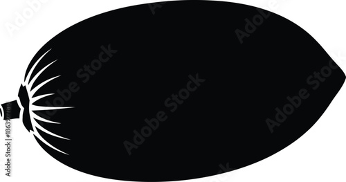 Minimalist Black Oval Fruit Silhouette with Detailed Stem End and Sleek Design, Modern Stylized Cocoa Pod or Mango Icon Isolated on Transparent Background for Branding AI Generative
