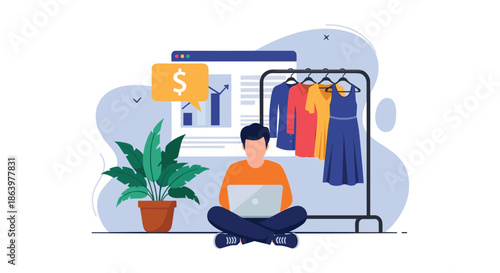 Person sitting comfortably on the floor with a laptop in front of a clothing rack and growth charts, illustrating an online shop.