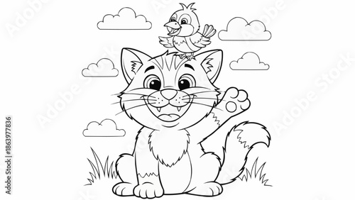 Cute cartoon cat and bird illustration for coloring.