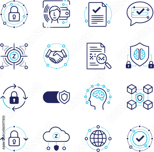16 minimalist symbols for decentralized identity, zero-knowledge proofs, and privacy-first digital security. Themes include encrypted data, biometric wallets, and selective disclosure.