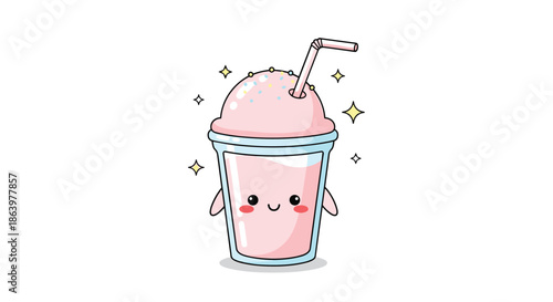 Cute and happy pink milkshake character in a cup with a straw and twinkling stars, designed in a charming kawaii style.