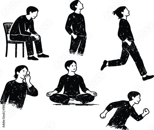 Six black silhouette figures in various poses on white background woman person