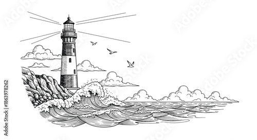 Dramatic black and white sketch of a lighthouse standing on rocky cliffs with powerful ocean waves and seagulls.