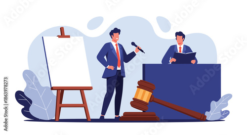 Professional courtroom illustration showing a judge sitting at the bench and a lawyer presenting a case with a blank board.