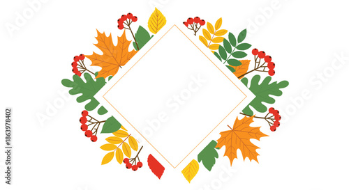 Beautiful diamond-shaped frame made of vibrant autumn leaves, acorns, and rowan berries on a white background.