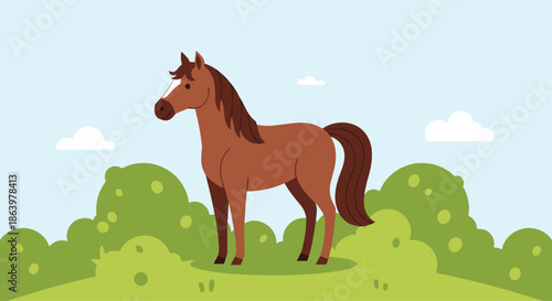 Majestic brown horse standing in a green field with bushes under a clear blue sky with fluffy white clouds.