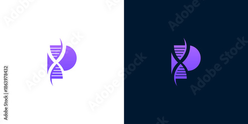 Abstract DNA helix graphic design with the letter P on a white and dark background
