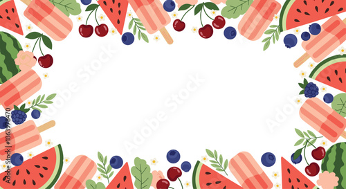 Refreshing summer border frame decorated with watermelon slices, cherries, berries, and colorful fruit popsicles.