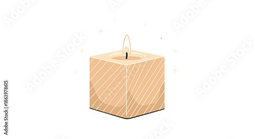 Lit square aromatic candle with a soft golden glow and magical sparkles isolated on a white background for relaxation.