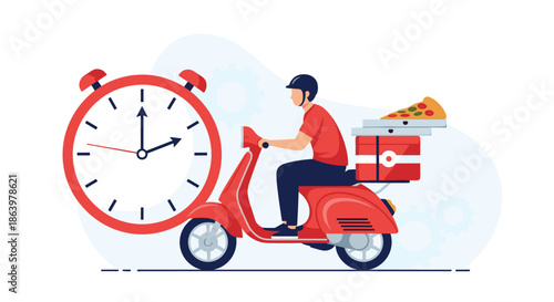 Efficient food delivery service showing a courier on a red scooter carrying pizza next to a large clock face.
