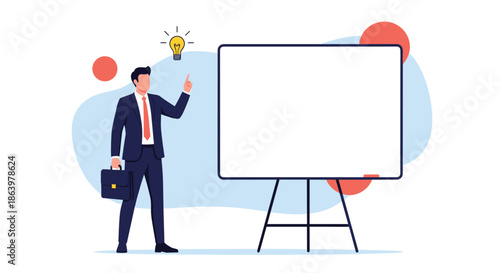 Businessman standing next to a blank whiteboard while pointing at a glowing lightbulb to represent a creative business idea.