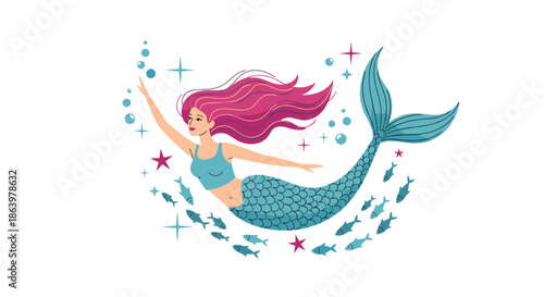 Beautiful mermaid with long pink hair swimming through clear blue ocean water with small fish and sparkling magic stars.