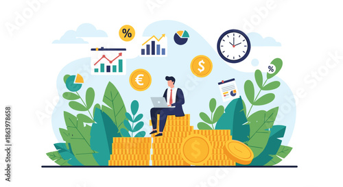 Businessman sitting on stacks of gold coins while working on a laptop surrounded by financial growth charts and icons.