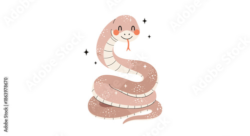Adorable cartoon snake with rosy cheeks and sparkling stars around its body isolated on a clean white background.
