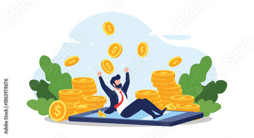 Happy businessman celebrating a massive financial win as gold coins rain down from a large smartphone screen in the sky.