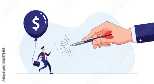 Giant business hand aiming a sharp dart at a dollar sign balloon held by a businessman running away from high risks.