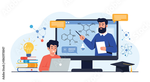 Male student learning chemistry through an online course on a computer screen with a teacher and molecular models.