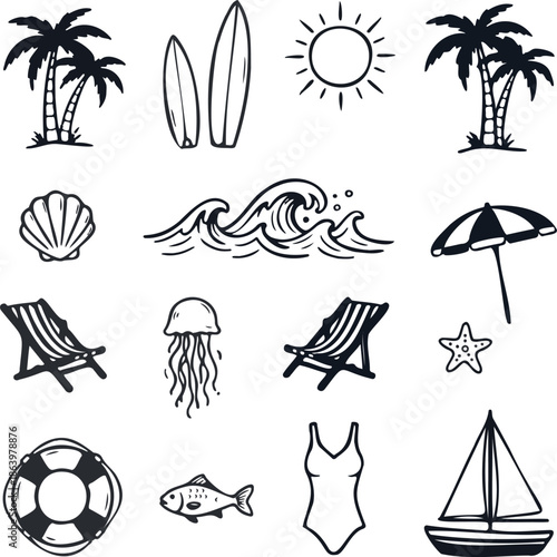 A collection of summer themed doodles featuring surfboards sun and beach items