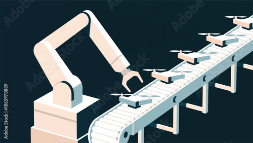 Illustration Of A Robotic Arm With A Production Line Full Of Geometric Drones Vector Design Template
