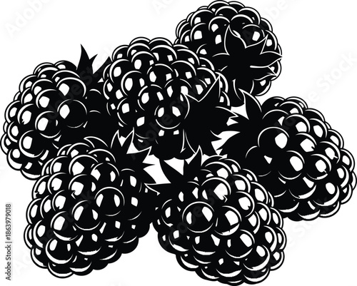 Detailed Black Silhouette of a Bunch of Ripe Blackberries with Glossy Drupelets and Sharp Leaves, Modern Minimalist Berry Fruit Icon Isolated on Transparent Background AI Generative
