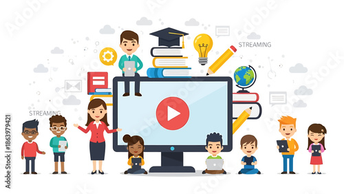 Diverse group of students and teachers engaged in online learning.