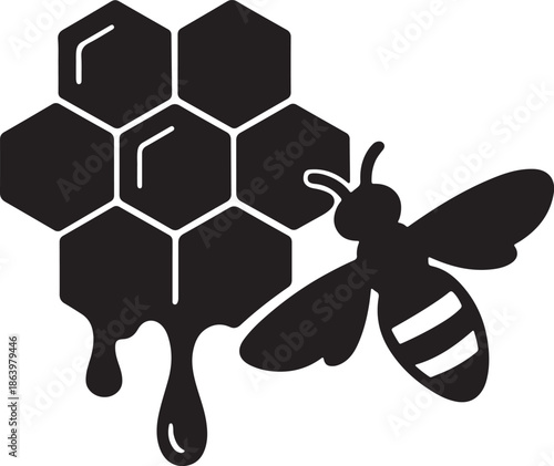 Honeybee and honeycomb with dripping honey silhouette vector illustration