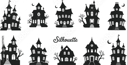 Set of spooky haunted house silhouettes vector illustration isolated on white background showing gothic halloween buildings creepy architecture collection