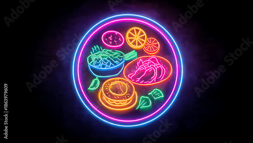 Vibrant neon food sign with colorful dishes and fresh ingredients