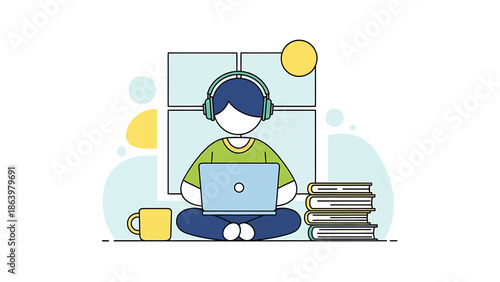Person working from home with laptop and headphones.