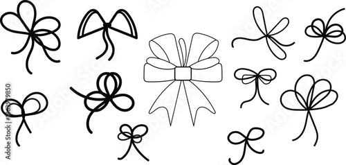 Doodle gift bow. Simple doodle red bows with string and knot for present. Minimalist line art vector for Christmas celebration and coquette holiday decoration, birthday party or festive package