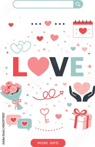 Valentine's Day Web Banner with Love Typography and Romantic Icons