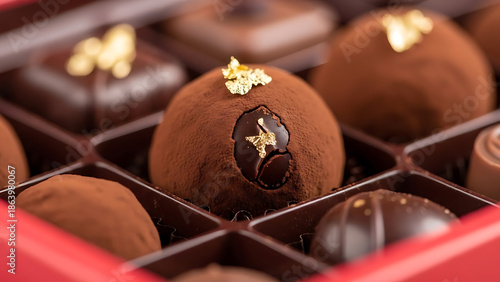 Delicious chocolate truffles in a luxurious gift box with gold decorations