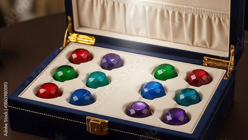 Luxurious colorful gemstones in elegant blue jewelry box with gold accents