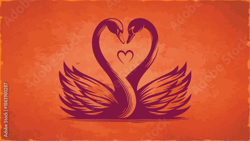 Two swans forming a heart shape, symbolizing love and romance on a textured orange background