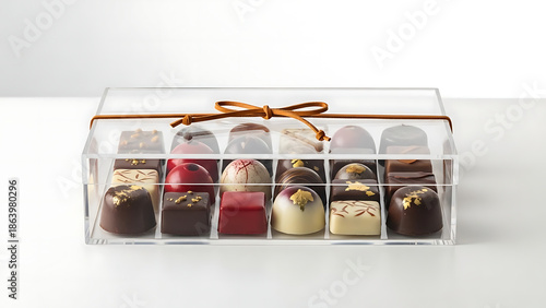 Assorted gourmet chocolates in clear gift box with ribbon