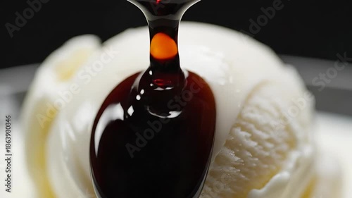 Delicious vanilla ice cream scoop being generously drizzled with rich dark chocolate syrup creating a mouthwatering dessert experience with a perfect blend of creamy and sweet flavors.