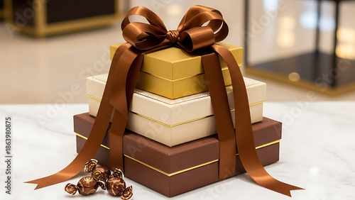 Elegant gift boxes with brown ribbon and chocolates on marble surface