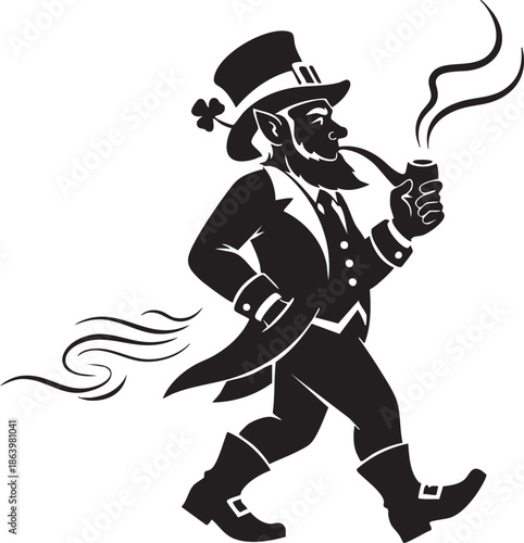 Stylish leprechaun smoking pipe in vintage outfit walking freely