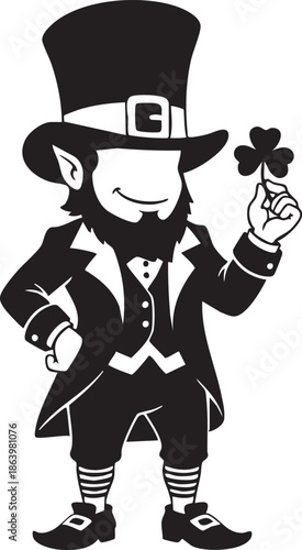 Smiling leprechaun in top hat holding shamrock
