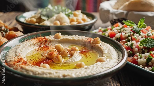 Delicious Middle Eastern Feast Hummus Tabbouleh and Pita Bread on a Wooden Table A Vibrant Display of Mediterranean Cuisine.