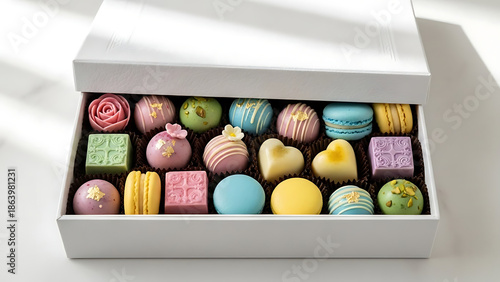 Assorted colorful gourmet chocolates in an open white box