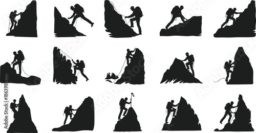 Set of mountain climber silhouettes vector illustration isolated on white background showing hiking adventure rock climbing outdoor sport collection