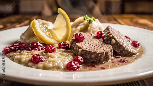Exquisite Venison Dish with Dumplings Cranberry Sauce and Lemon Slice A Gourmet Culinary Experience Showcasing Fine Dining and Elegant Presentation.